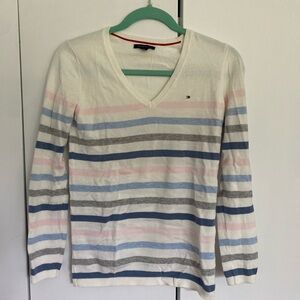 Tommy Hilfiger White Pink Blue Striped V-neck Sweater